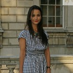 Brunette in Check Dress Fashionista at Somerset House, London